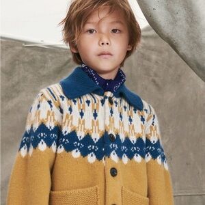 Zara Kids Wool Fair Isle Cardigan Sweater Kids Size 10-12 Mustard  Blue NWT
